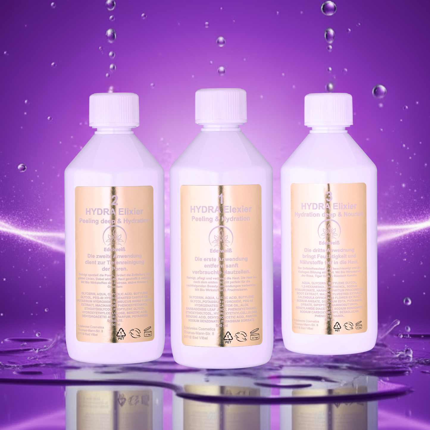 Aquafacial Bio-Wirkstoffe im 3×500-ml-Set für professionelle Aquafacial Hautreinigung und Pflege